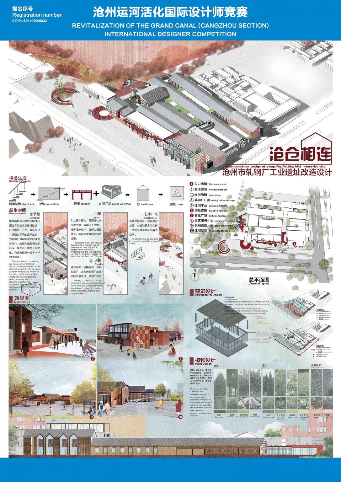 简要介绍：设计意在将沧州狮城的铁狮文化与工业文化相链接，通过廊道串联场地。